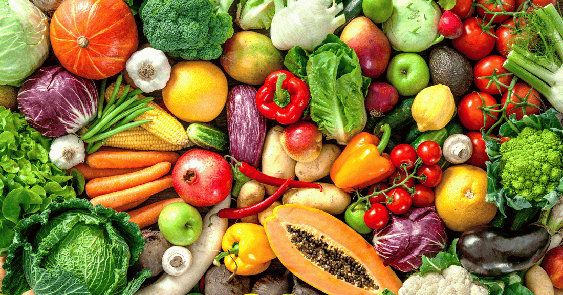 A variety of fruits and vegetables. 