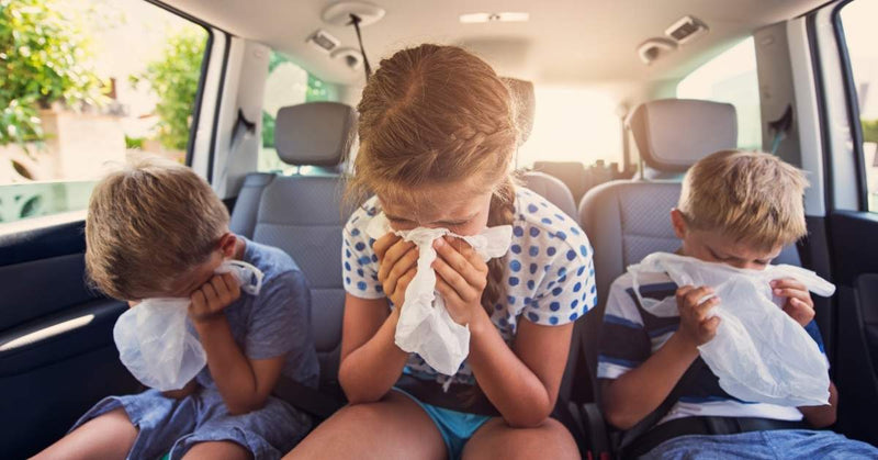 Three kids are sick while riding in a car.
