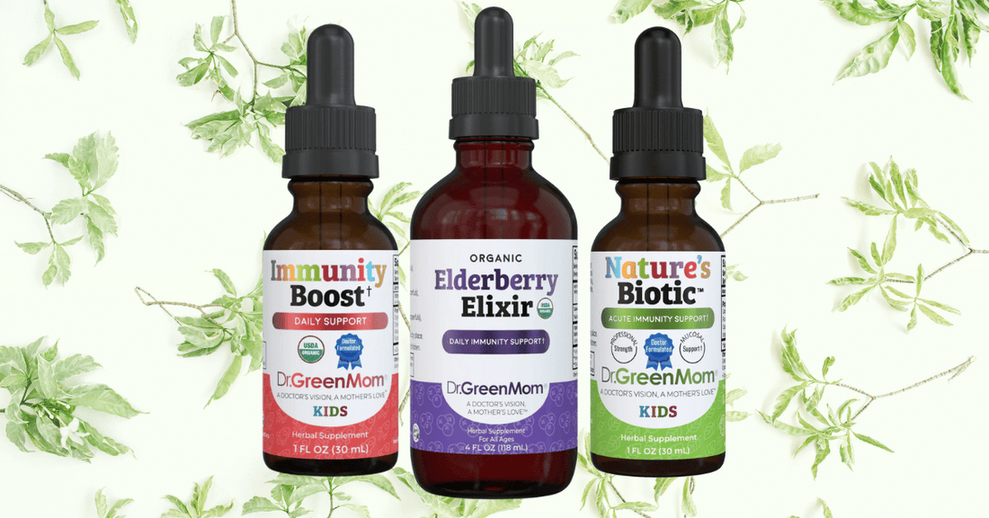 Bottles of Dr. Green Life Immune Support products for kids.