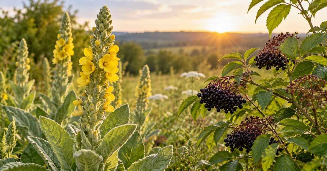 Mullein flowers and elderberries showing two herbs traditionally used for respiratory comfort and immune wellness.