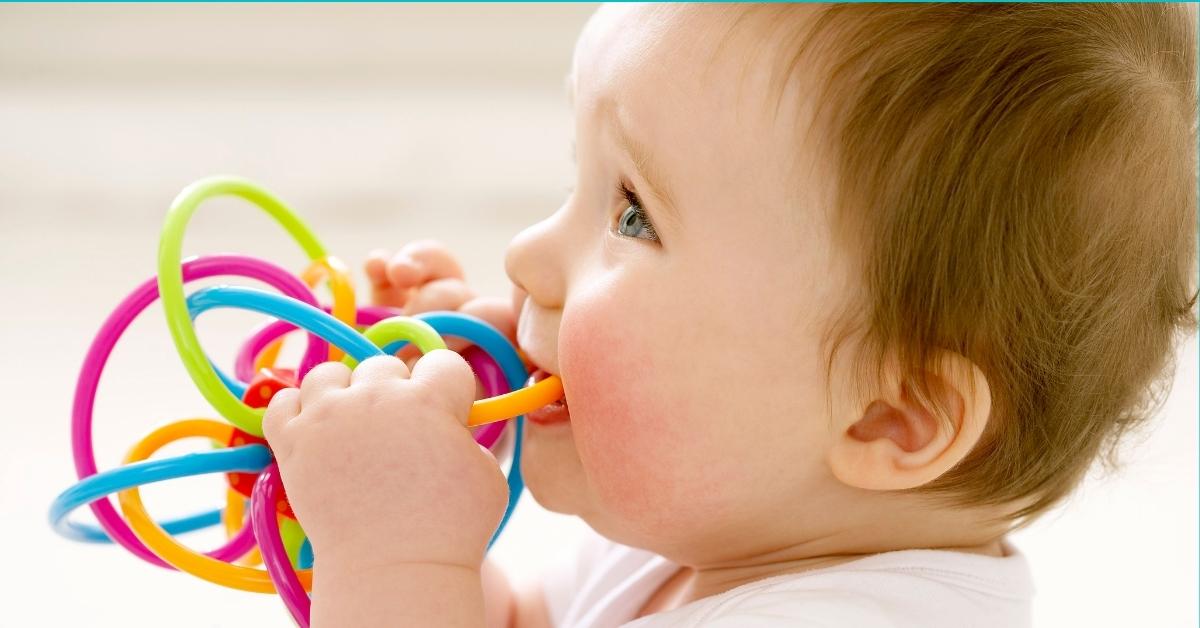 A teething baby chews on a toy.