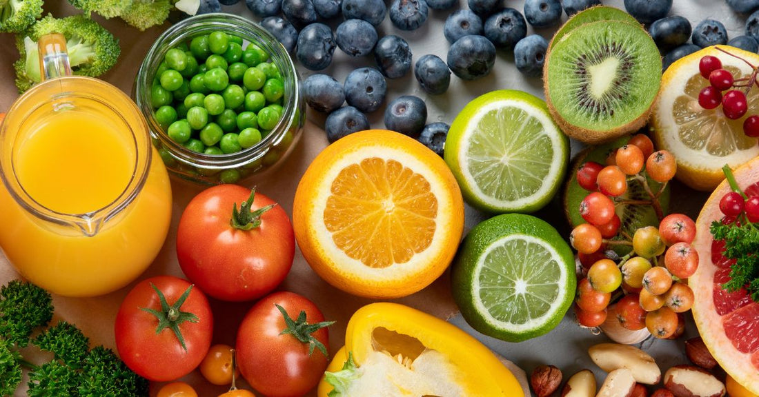 Various vitamin c rich foods: oranges, limes, blueberries, etc.