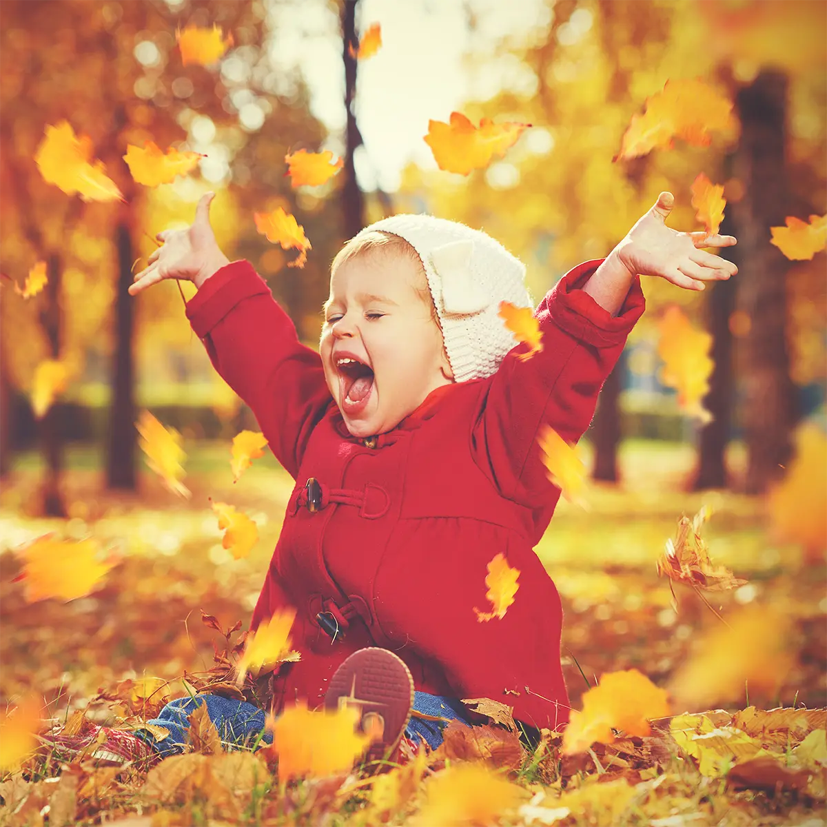 A child playing in autumn leaves