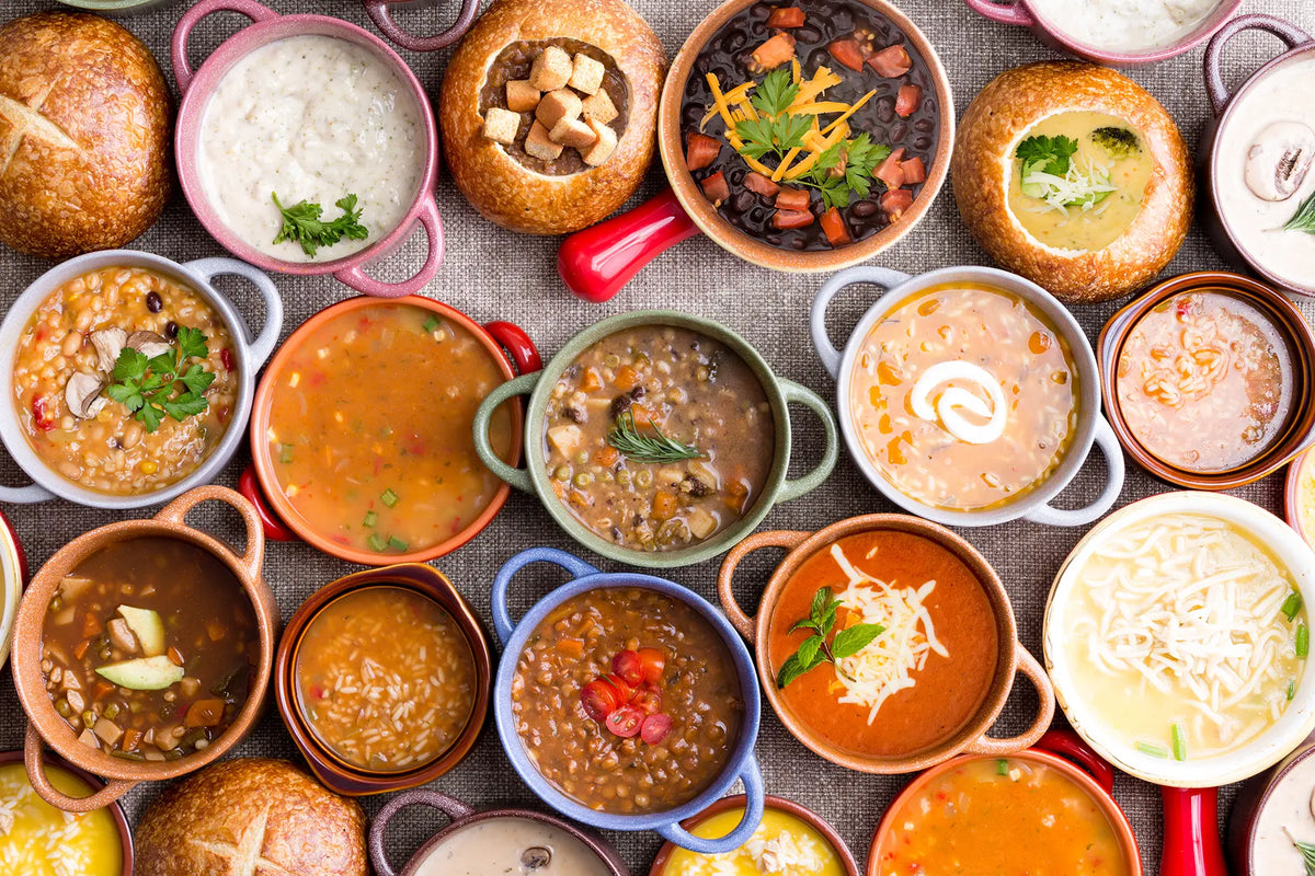 An assortment of colorful warming soups